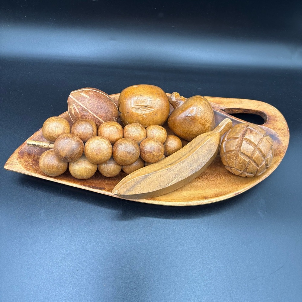 Vintage‎ Fruit Mid Century Modern Leaf Dish Bowl Wood Monkey Pod MCM 7 Pieces